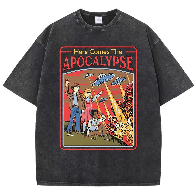 Aquí viene el Apocalipsis Ufo, ropa Retro lavada para hombre, ropa de calle de gran tamaño de calidad, Tops de algodón a la moda, camiseta holgada informal