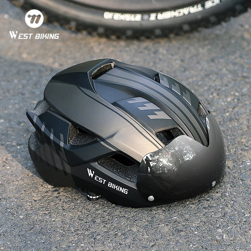 Casco de Ciclismo Ultraligero WEST BIKING con Luz Trasera y Gafas Integradas para Hombre y Mujer, Casco de Seguridad para Ciclismo de Montaña, Carretera y Motocicleta