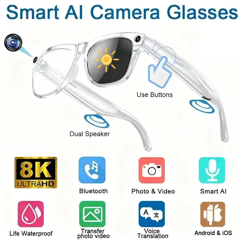 Gafas inteligentes con cámara táctil Lenovo Bluetooth 8K con IA, 800w, deportivas, ChatGpt4.0, para llamadas, reproductor de música, para hombres y mujeres, regalos.