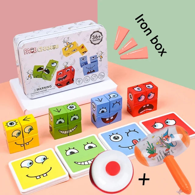 Cube Face Change Building Blocks Board Game Wood Puzzle Expression Wooden Blocks Toys for Gift