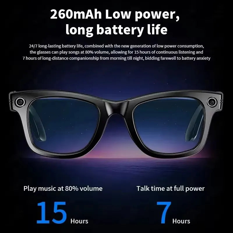 Gafas inteligentes HD grabación de vídeos reconocimiento de fotos AI traducción de respuesta 290mAh batería grande IP67 gafas Bluetooth impermeables