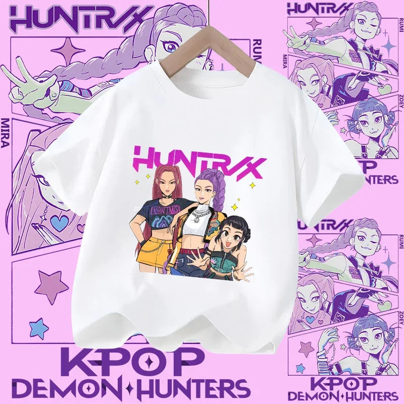Children's KPOP Demon Hunters movie crewneck cartoon girls' and boys' T-shirt, casual print baby fashion clothing for summer